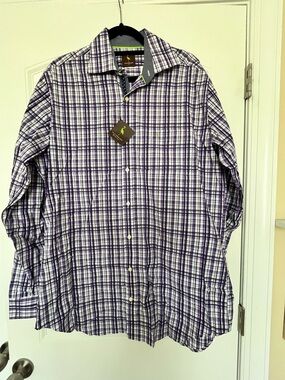 Tailorbyrd Purple and White Plaid Button-Down Shirt Size Large Tall
